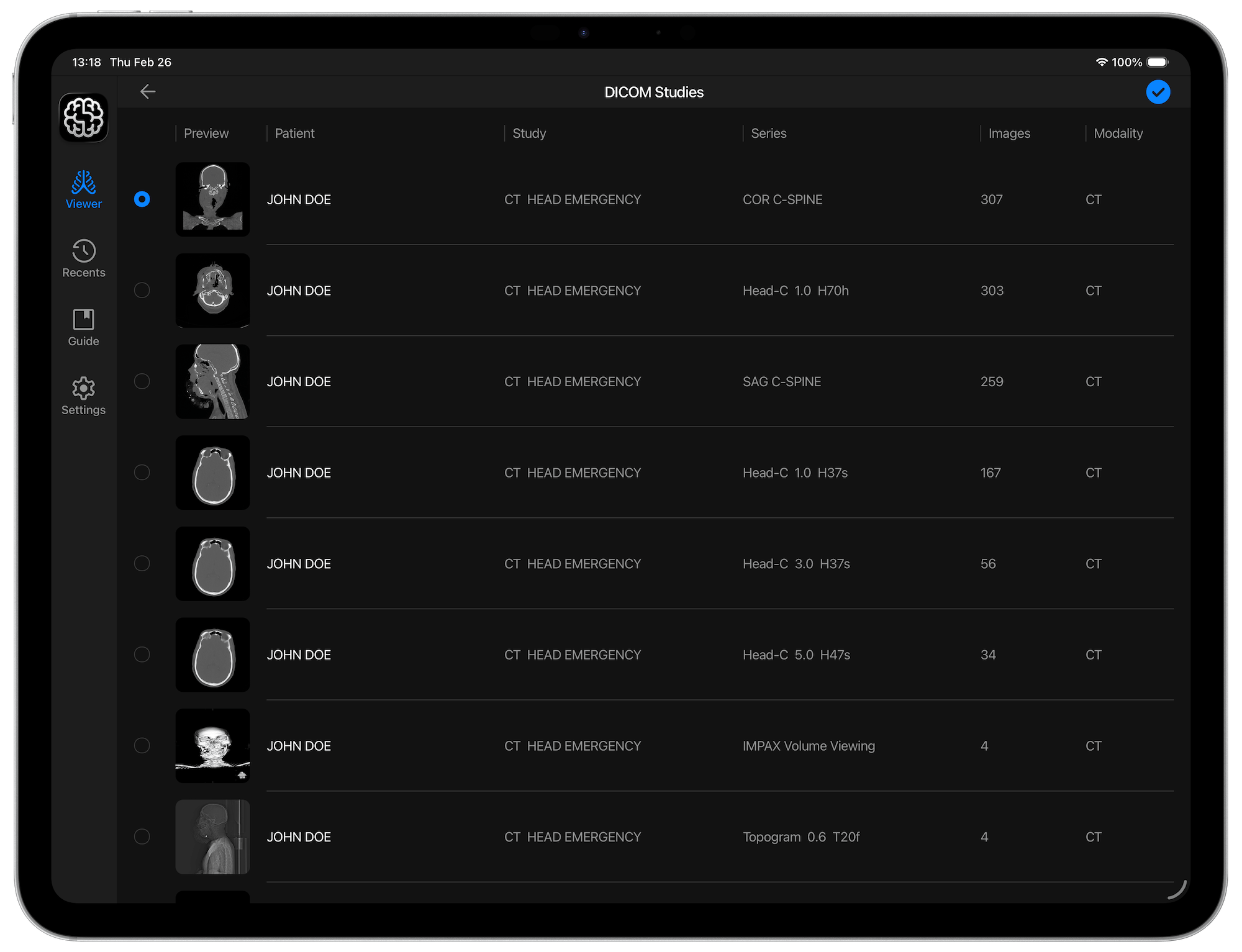 DICOM Studio Go on iPad - Select DICOM Folder (Landscape View)